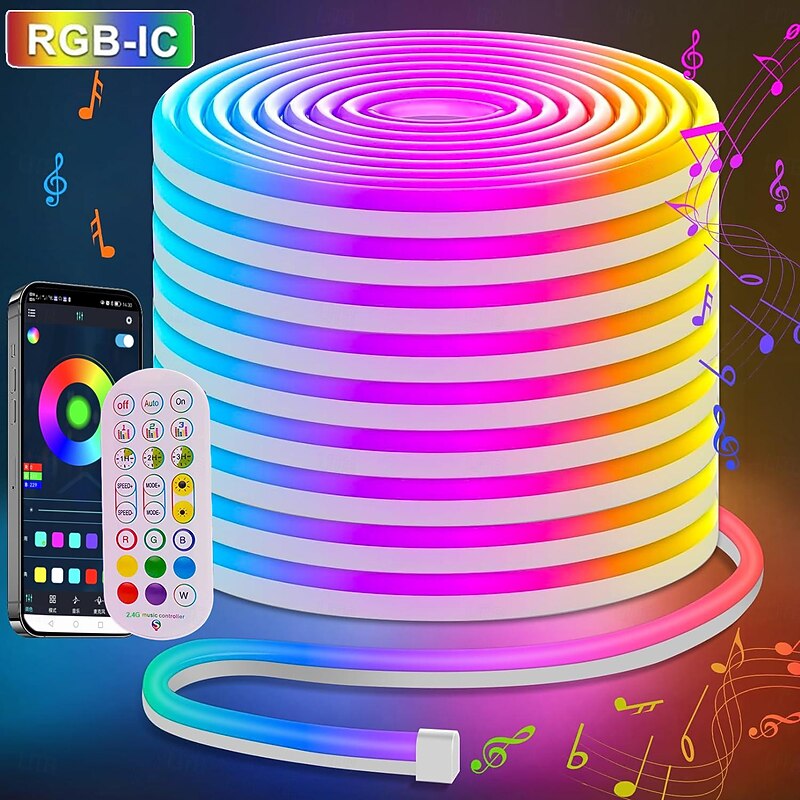 10ft/20ft Waterproof Neon Light Strip, Addressable RGB Rainbow Pixel Light with 2.4G APP Control Bar Synchronize Music Control to DIY LED Neon Sign Art Wall Decoration Lighting Including Power WS28113