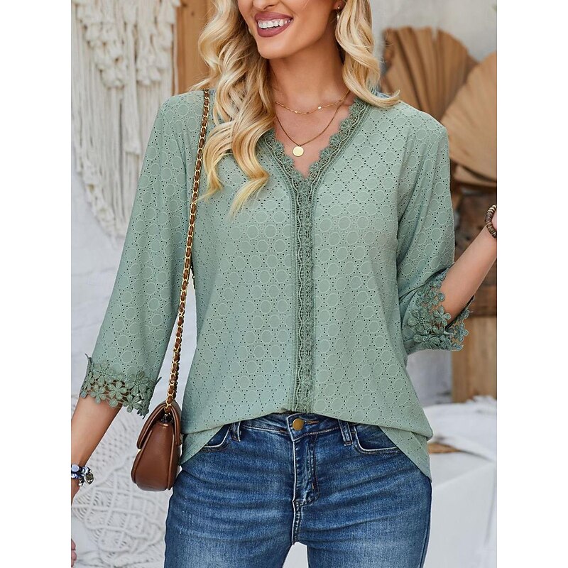 Women's Blouse Dressy Tops Daily 3/4 Length Sleeve V Neck Lace Sage Green Black Pink Beige Spring & Summer