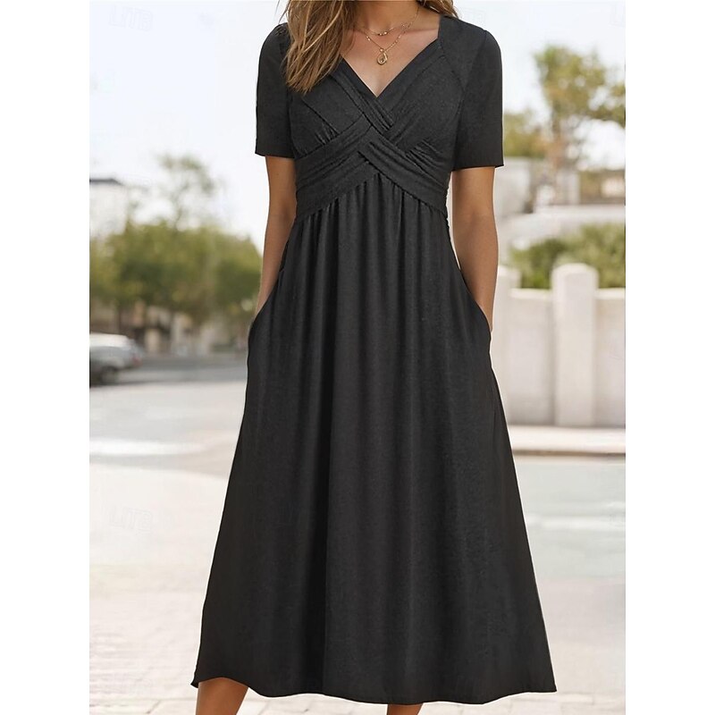 Women's Casual Dress Midi Dress Pocket Vacation Streetwear Basic V Neck Short Sleeve Black Gray Color