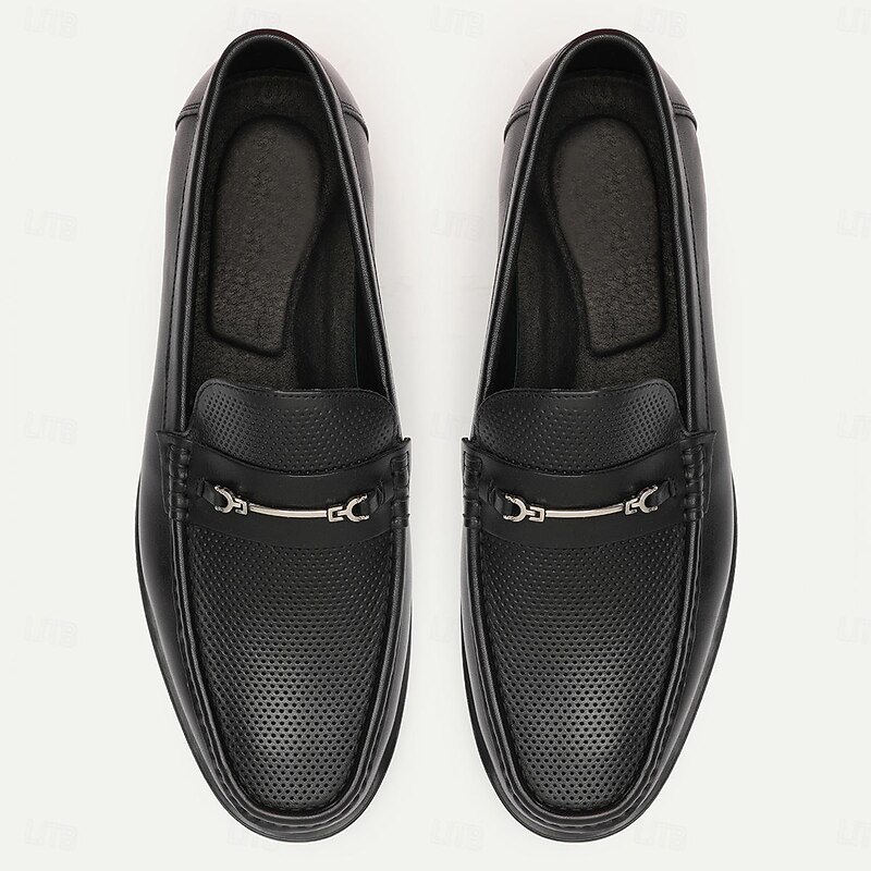 Men's Black Perforated Leather Dress Loafers with Braided Detail - Elegant Office Footwear2