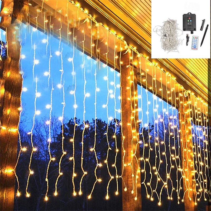 Elegant Wedding Reception Party Outdoor Solar LED String Lights, USB Charging Curtain Fairy Lights 3*3m, Christmas Icicle String Lights Waterfall Lamp Wedding Room Garland Garden Outdoor Decor2