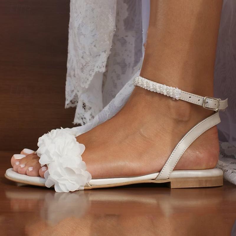 Women's Sandals White Shoes Wedding Daily Lace Flat Heel Open Toe Fashion Casual Faux Leather Ankle Strap White3