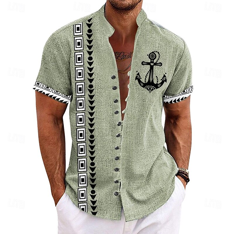 Men's Nautical Shirt Button Up Shirt Short Sleeve Casual Tribal Daily Hawaiian Summer Spring Grandad Collar Band Collar Buttons Print Yellow Green Khaki Beige