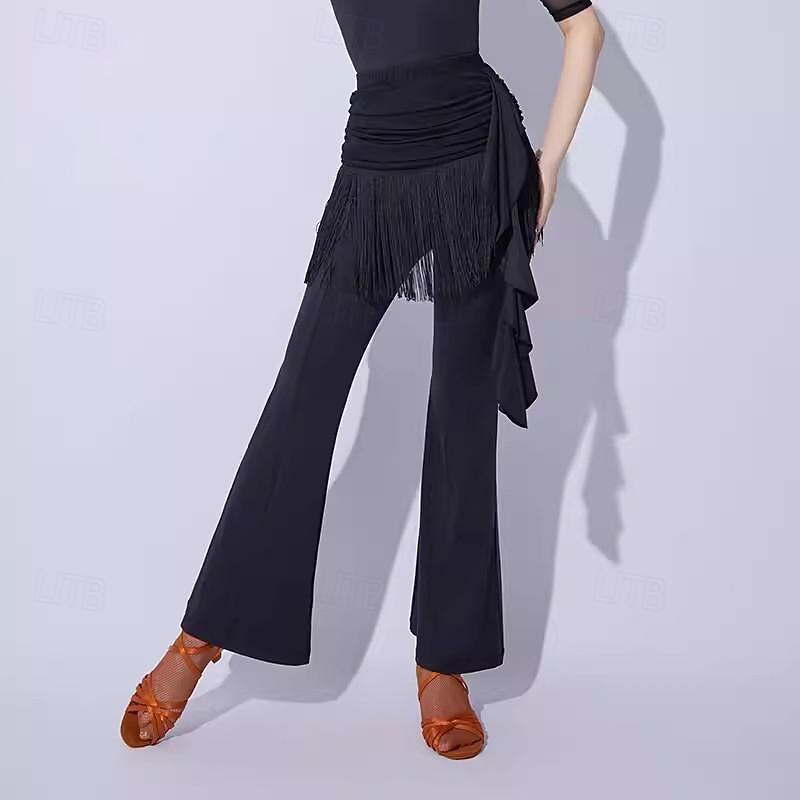 Latin Dance Ballroom Dance Pants Tassel Pure Color Splicing Women's Performance Training Milk Fiber