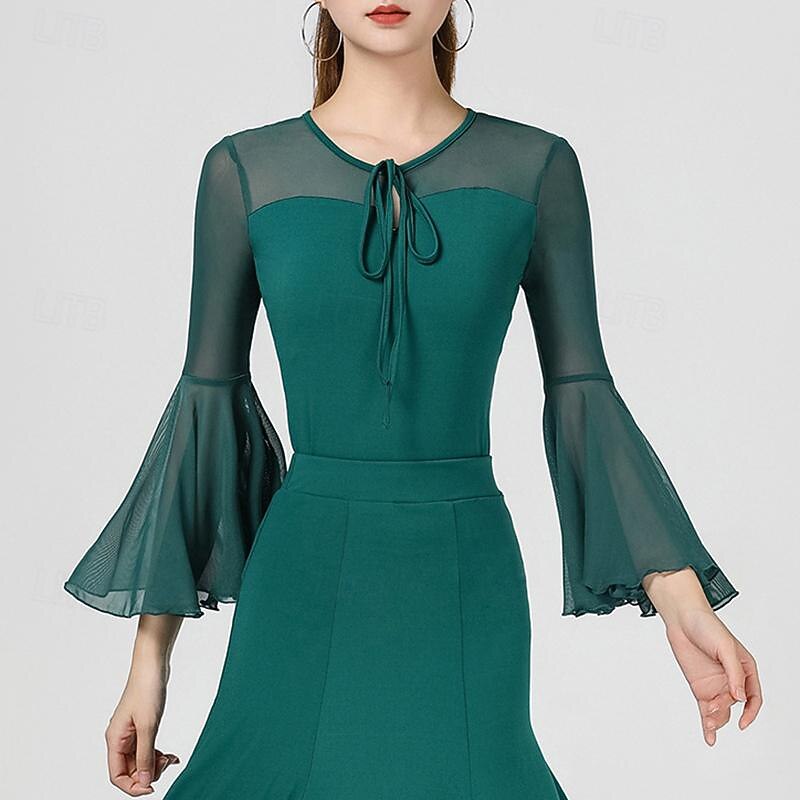 Latin Dance Top Pure Color Splicing Tulle Women's Performance Training Sleeveless High Polyester