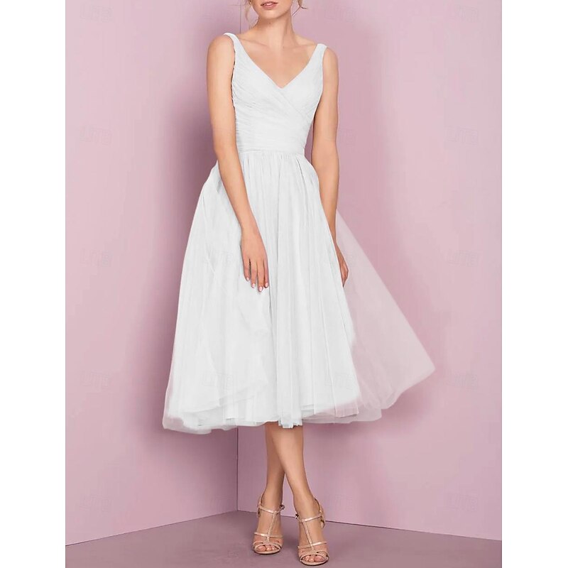 A-Line Cocktail Dresses Flirty Dress Homecoming Graduation Knee Length Sleeveless V NeckDress Tulle with Pleats4