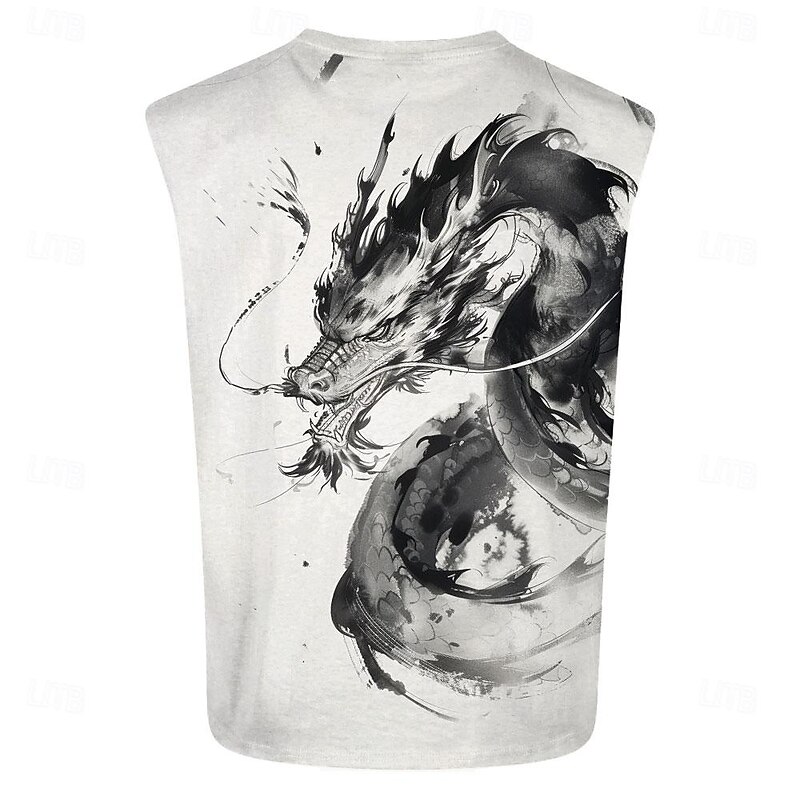 Men's Dragon Vest Top Sleeveless T shirt 3D Print Crew Neck Shirt Sports Retro Vintage Gothic Party Street Casual White Beige Summer Spring Clothing Apparel S M L XL XXL XXXL2