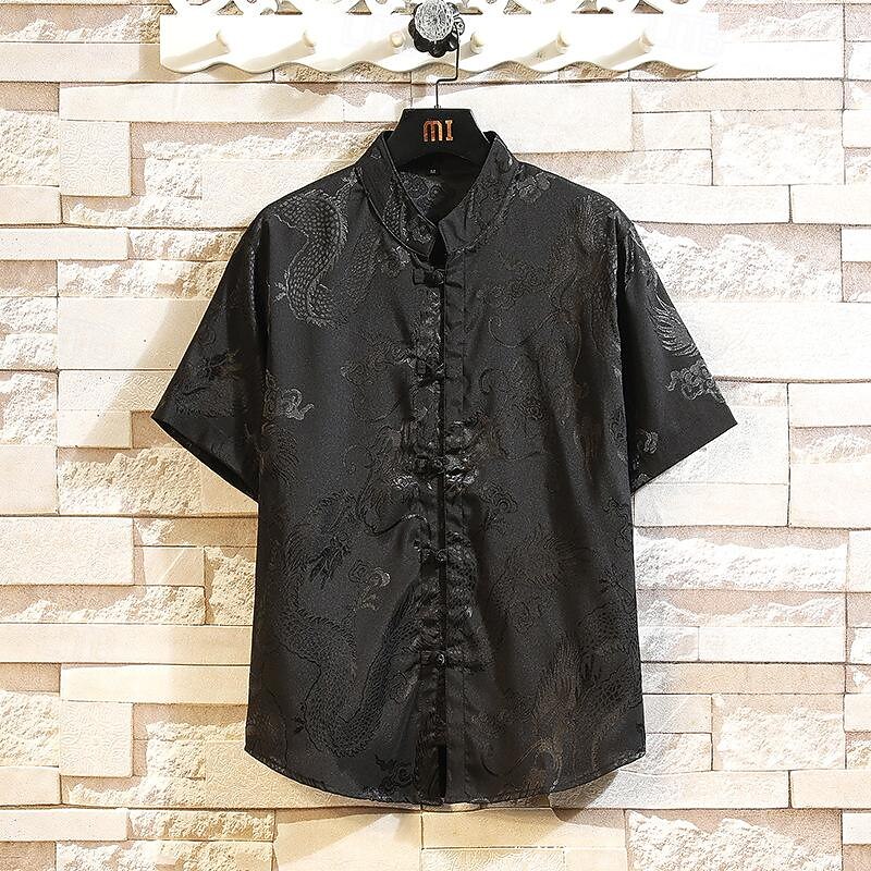 Men's Shirt Chinese Collar Shirt Mandarin Collar Shirt Summer Shirt Casual Shirt Button Up Shirt Black White Red Gray Short Sleeve Plain Mandarin Collar Vacation Holiday Clothing Apparel Fashion4