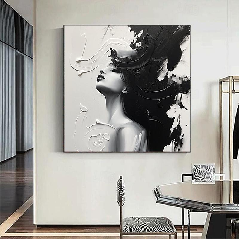 Large Black And White firgure oil painting handmade Wall Art Corridor Art oil painting Large Abstract Wall Art Canvas Black And White face Oil Painting Modern Handmade pattle knife face Oil Painting3