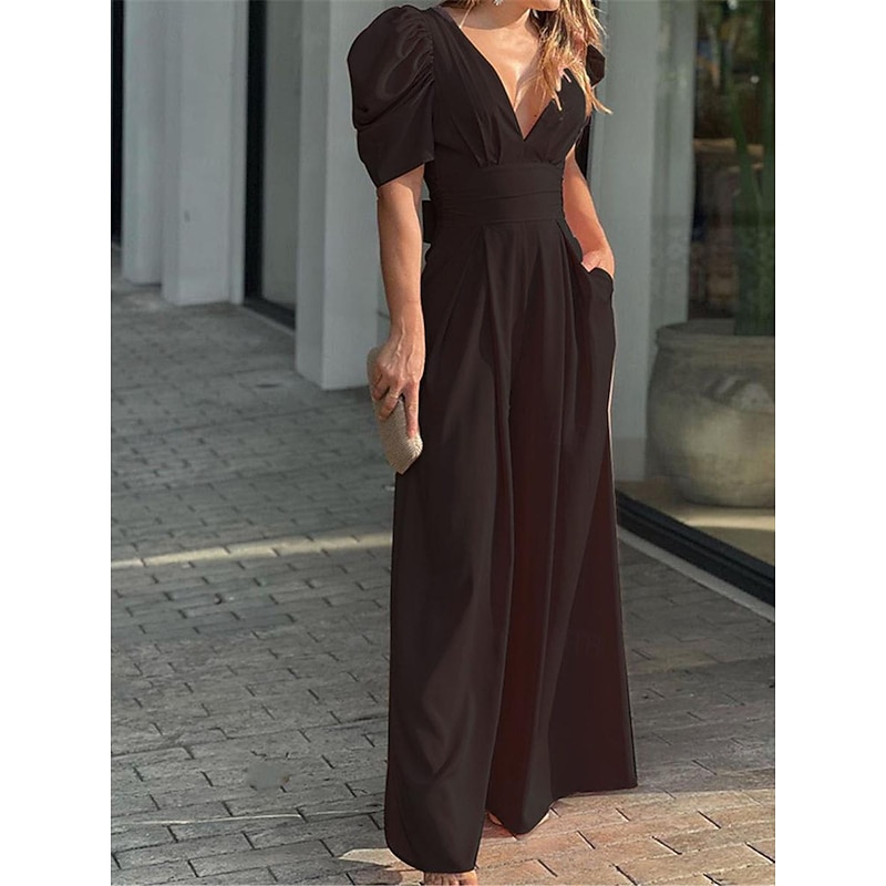 Women's Normal Jumpsuit Elegant Solid Color Short Sleeve V Neck Backless Pocket Street Daily Regular Fit Black Yellow Light Green Summer