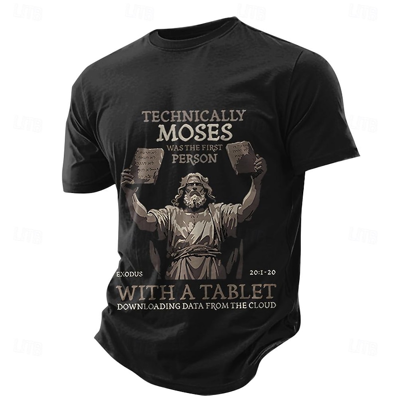 Men's Funny Graphic T-Shirt | Moses First Tablet Cloud Data Download Tech Pun Short Sleeve Tee