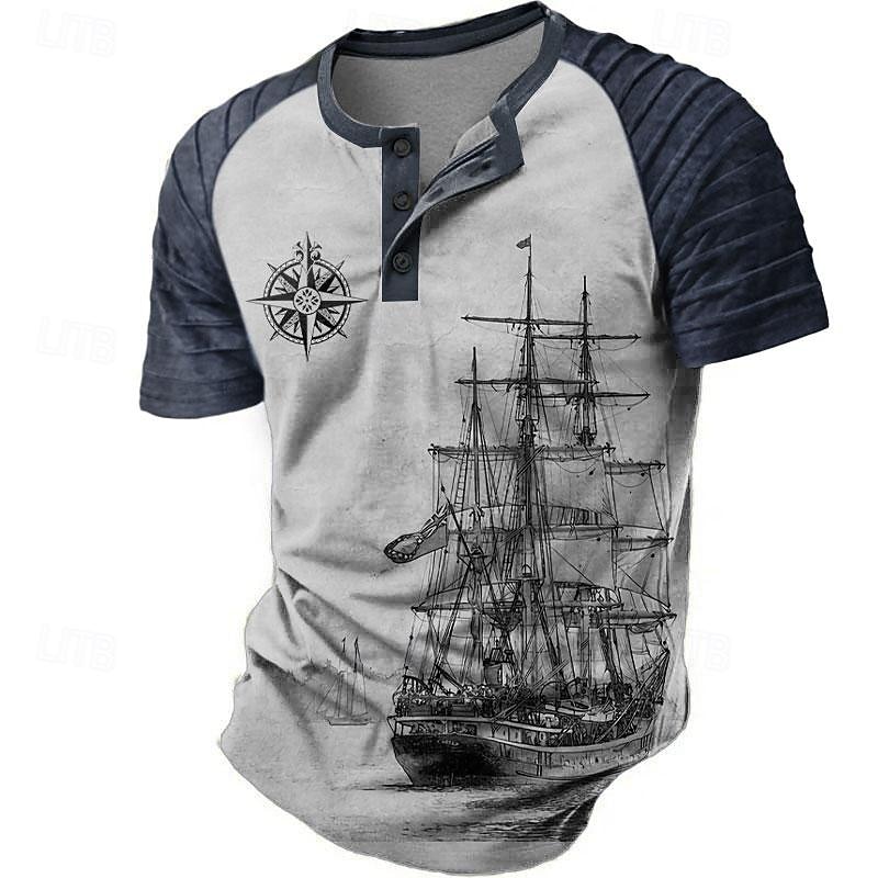 Men's Ship Pirate T shirt Short Sleeve 3D Print Retro Vintage Gothic Party Street Summer Spring Blue Brown Gray Henley Collar Henley T-Shirt