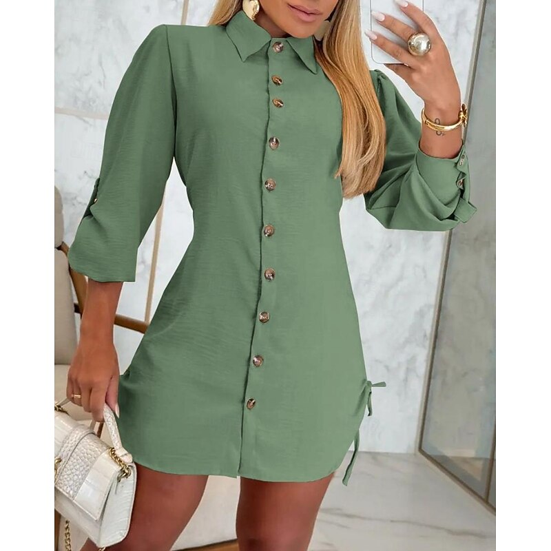 Women's Shirt Dress Mini Dress Drawstring Sexy Lapel Long Sleeve Bishop Sleeve Black White Blue Color3