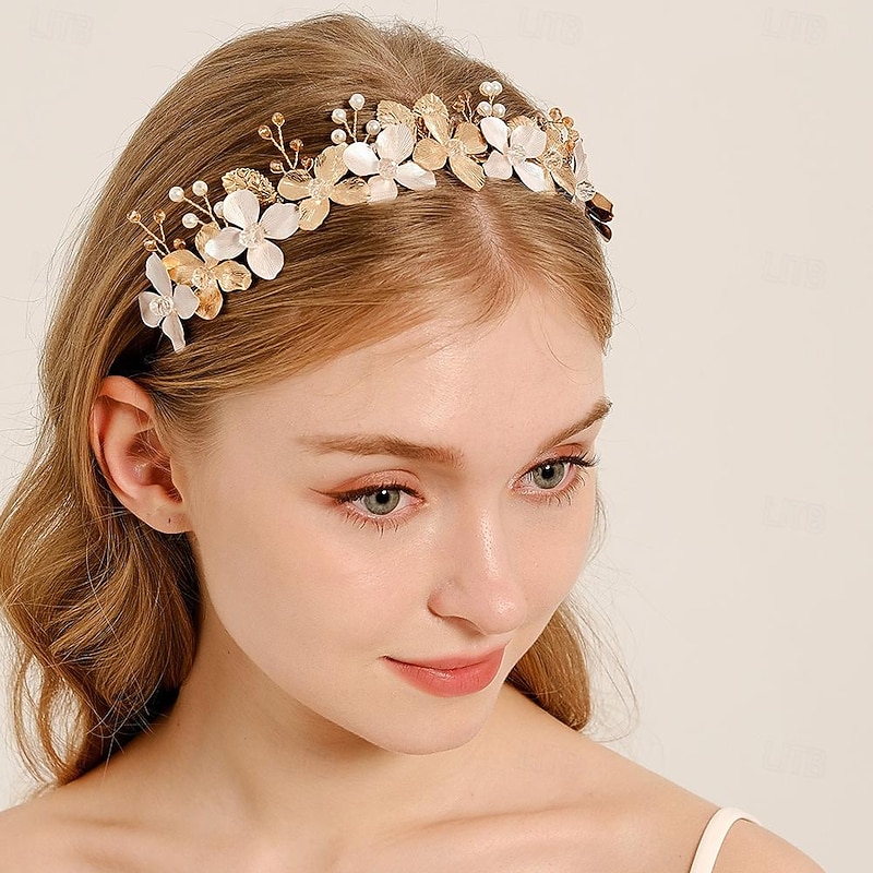 Crown Tiaras Headbands Headpiece Imitation Pearl Alloy Wedding Beach Church Cocktail Elegant Luxury With Faux Pearl Flower Headpiece Headwear2