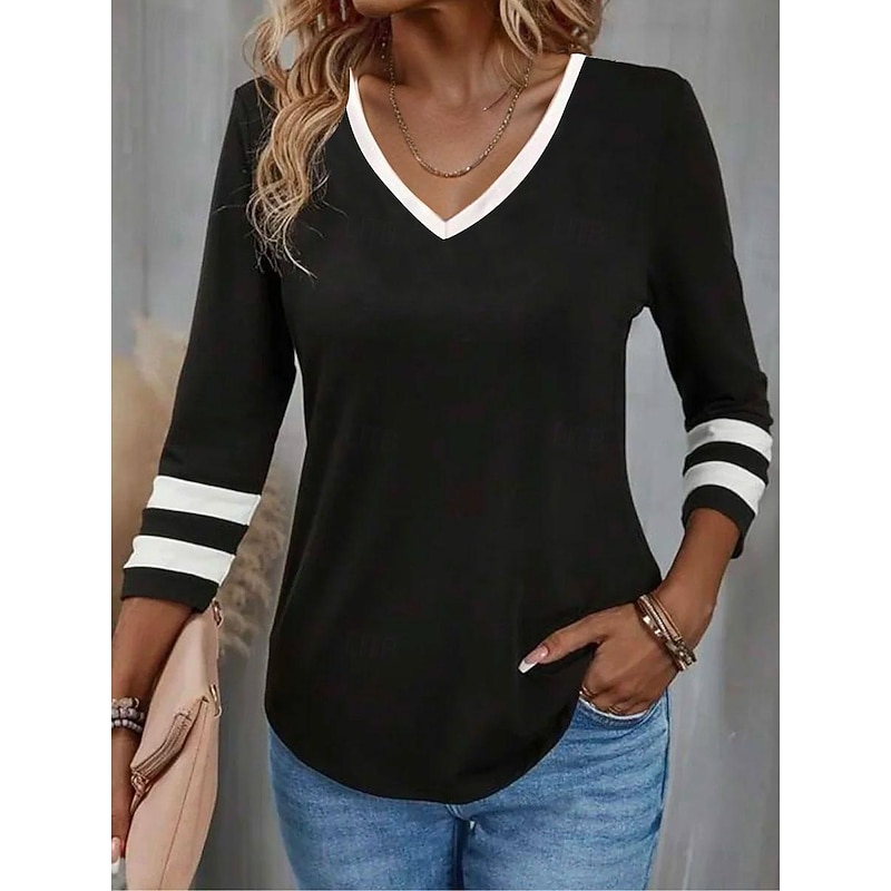 Women's T Shirt V Neck Long Sleeve Tunic Striped Fashion 3/4 Length Sleeve Regular Tops Daily Print Black Spring & Fall