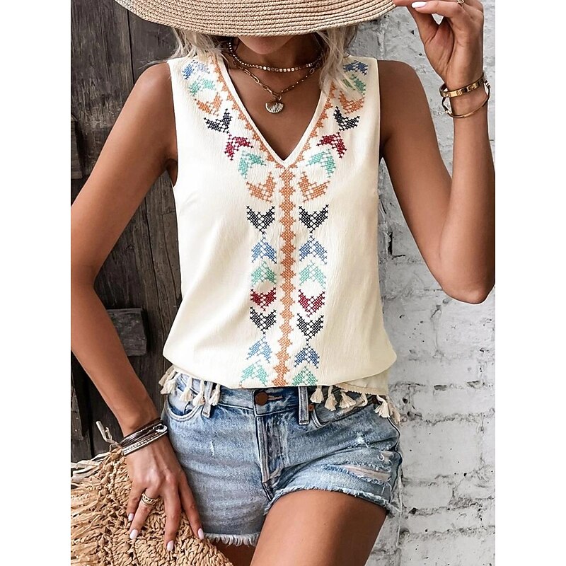 Women's Tank Top Casual Sleeveless V Neck Regular Tops Daily Print Black White Pink off-white Summer