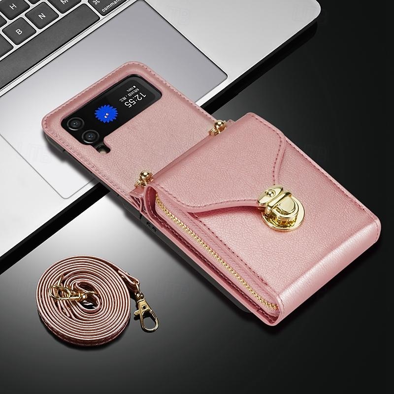 Phone Case For Samsung Galaxy Z Flip 6 Z Flip 5 Z Flip 4 Z Flip 3 Back Cover Flip Cover Zipper with Lanyard Card Slot Retro PC PU Leather2