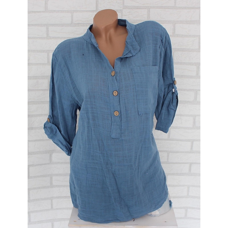 Women's Shirt Cotton Linen Shirts Button Up Blouse Plain Fashion V Neck Street Daily Buttons Pocket White Red Blue Beige Summer