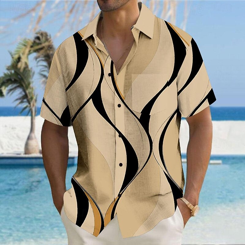 Men's Geometric Lines / Waves Geometric Pattern Button Up Shirt Printed Shirts Short Sleeve Hawaiian Resort Causal Casual Daily Summer Turndown Print Button-Down Black White Blue Khaki3