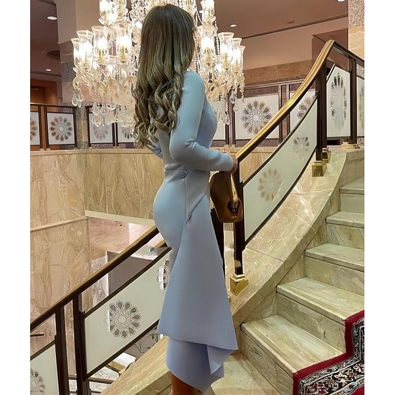 Beach Wedding Sheath Cocktail Dresses Elegant Dress Formal Fall Knee Length Long Sleeve Jewel Neck Stretch Fabric with Pleats Ruched Dresses4