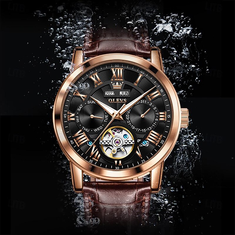 OLEVS Men Mechanical Watch Fashion Casual Wristwatch Automatic Self-winding Luminous Calendar Date Week Leather Watch2