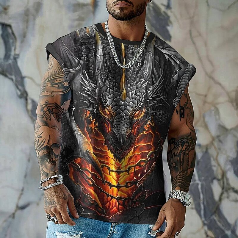 Men's Dragon Vest Top Sleeveless T shirt 3D Print Crew Neck Shirt Sports Retro Vintage Gothic Party Street Casual Black Summer Spring Clothing Apparel S M L XL XXL XXXL