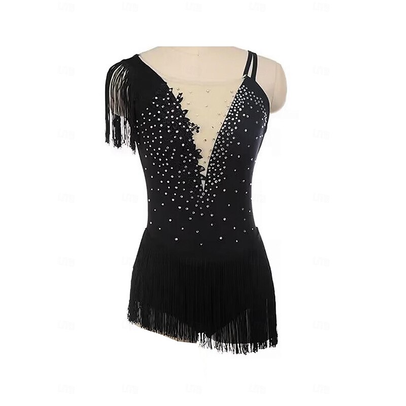 Figure Skating Dress Women's Girls' Ice Skating Dress Black Patchwork Tassel Mesh Spandex Stretchy Training Practice Professional Skating Wear Thermal Warm Crystal / Rhinestone Sleeveless Ice Skating