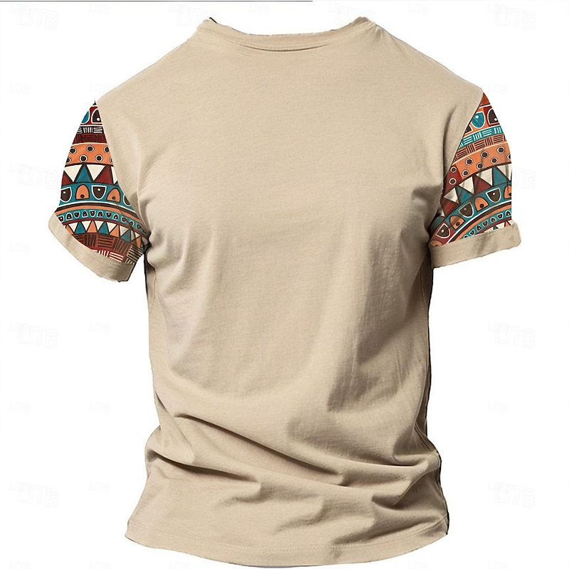 Men's Graphic Color Block Tribal T Shirt Henley Shirt Short Sleeve 3D Printing Designer Ethnic Classic Outdoor Vacation Daily Spring & Summer Dark Brown Blue Sky Blue Brown Green V Neck Henley T-Shirt2