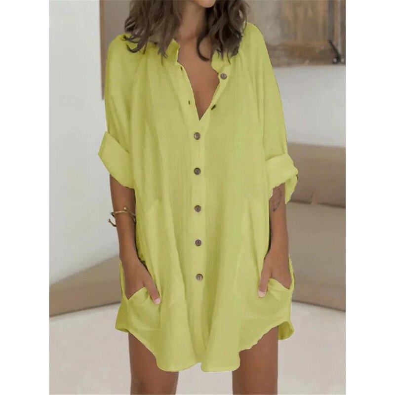 Women's Mini Dress Cotton Linen Dresses Shirt Dress White Cotton Dress Basic Casual Daily Regular Fit Plain Long Sleeve Shirt Collar White Green Summer Spring