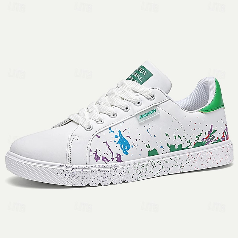 Men's Casual White Sneakers with Color Splash Design - Comfortable Fashionable Low-Top Lace-Up Shoes3