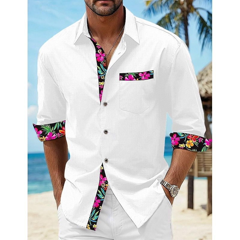 Men's Shirt Linen Shirt Summer Shirt Beach Wear Button Up Shirt Floral Vacation Curise Black White Pink Blue Long Sleeve Lapel Spring &  Fall Clothing Apparel Splice