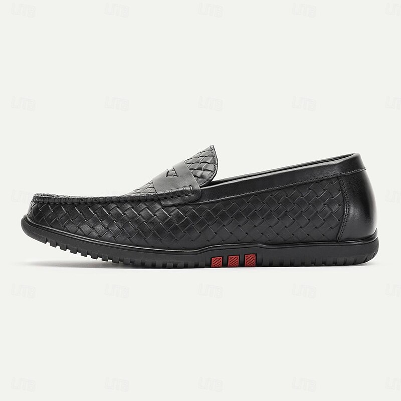 Men's Woven Leather Slip-On Loafers - Stylish Black Casual Driving Shoes3