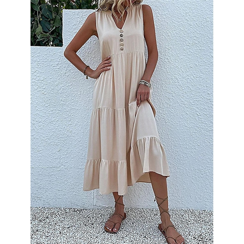 Women's Black Yellow Blue Summer Spring Maxi Dress Linen-Inspired Dresses Casual Dress Sundress Basic Modern Daily Weekend Loose Fit Plain V Neck