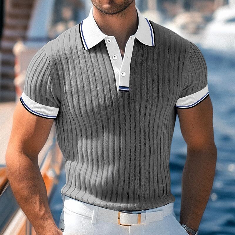 Men's Muscle Shirt Golf Shirt Work Casual Lapel Ribbed Polo Collar Short Sleeve Basic Modern Color Block Patchwork Buttons Spring & Summer Slim Fit White Blue Green Gray Muscle Shirt