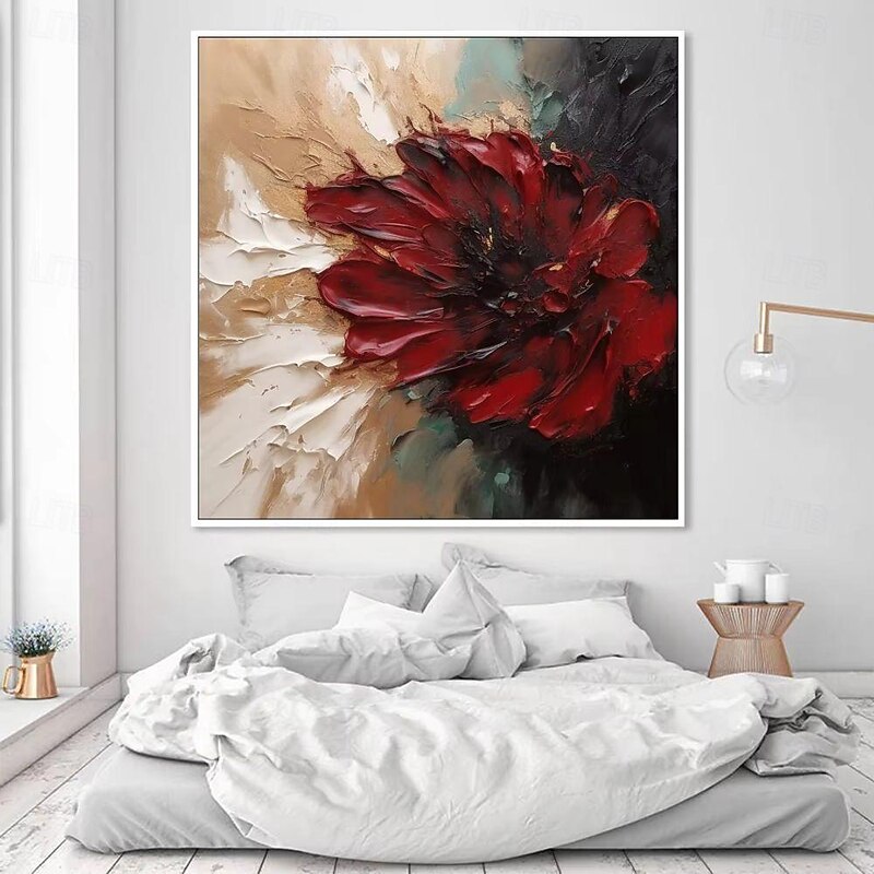 Handmade Oil Painting Canvas Wall Art Decoration Modern Abstract Thick Oil Flowers Big Red Flowers for Home Decor Rolled Frameless Unstretched Painting