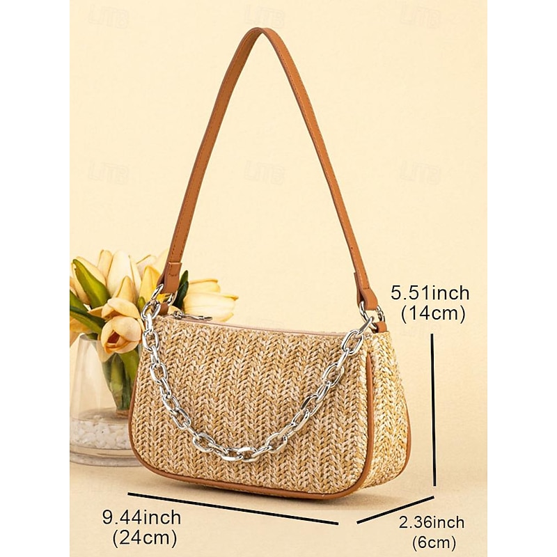 Chic Straw Woven Shoulder Bag with Leather Trim and Silver Chain - Elegant Accessory for Women4
