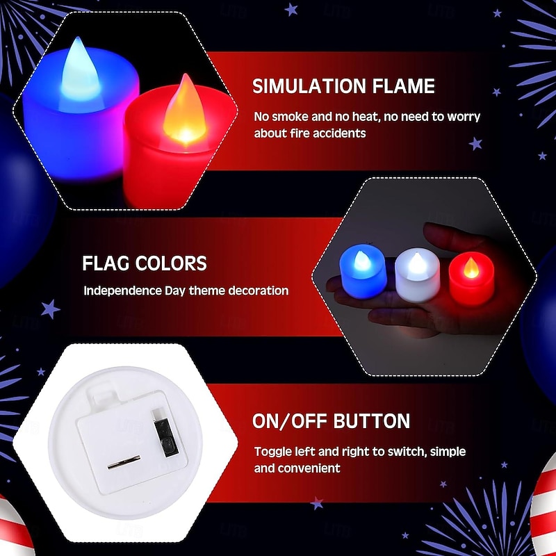24pcs Flameless Tea Light Independence Day Electronic Candle Light Red White Blue Light July 4th Flashing LED Votive Light Patriotic Fourth of July Independence Labor Memorial Day Home Decoration4