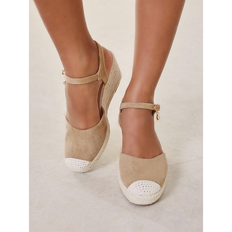 Women's Beige Closed-Toe Ankle-Strap Espadrille Wedge Sandals with Rhinestone Detail - Perfect for Summer Days2