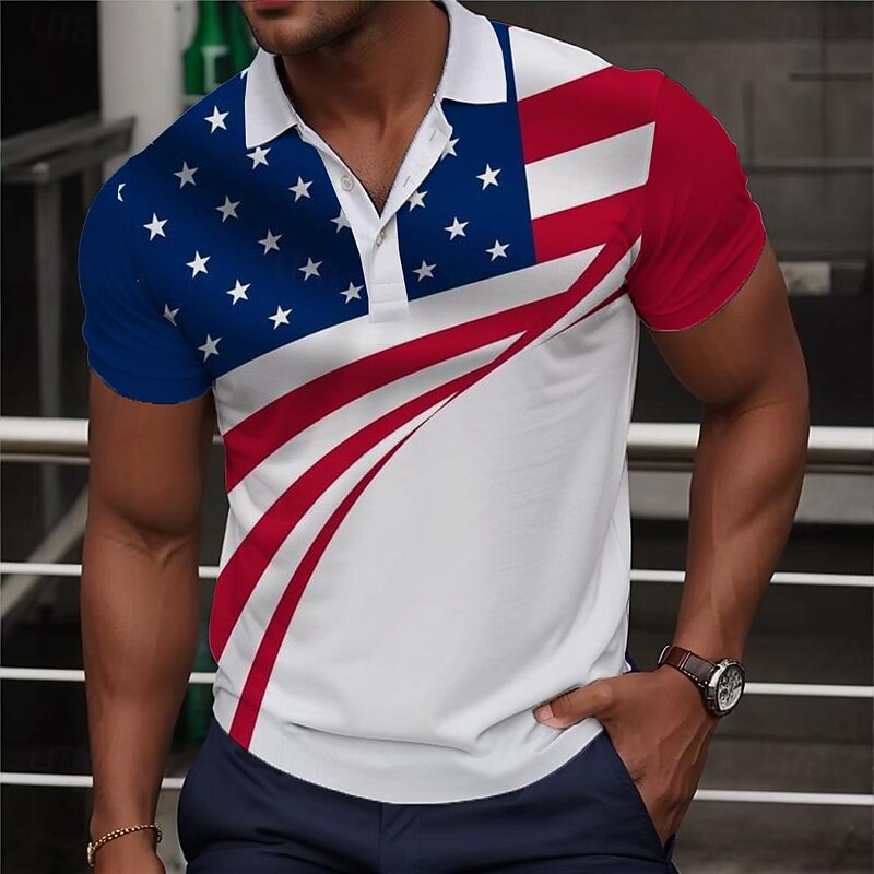 Men's American Flag Veterans Polo Shirts Golf Shirt Short Sleeve Polo Shirts Collared Shirts Streetwear Vacation Wear Party Outfits Buttons 3D Print Spring & Summer White Blue