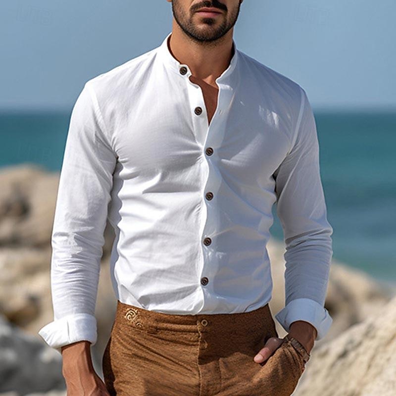 Men's Shirt Chinese Collar Shirt Mandarin Collar Shirt Casual Shirt Button Up Shirt Cotton Shirt Plain Vacation Hawaiian Black White Pink Navy Blue Long Sleeve Grandad Collar Spring &  Fall Clothing