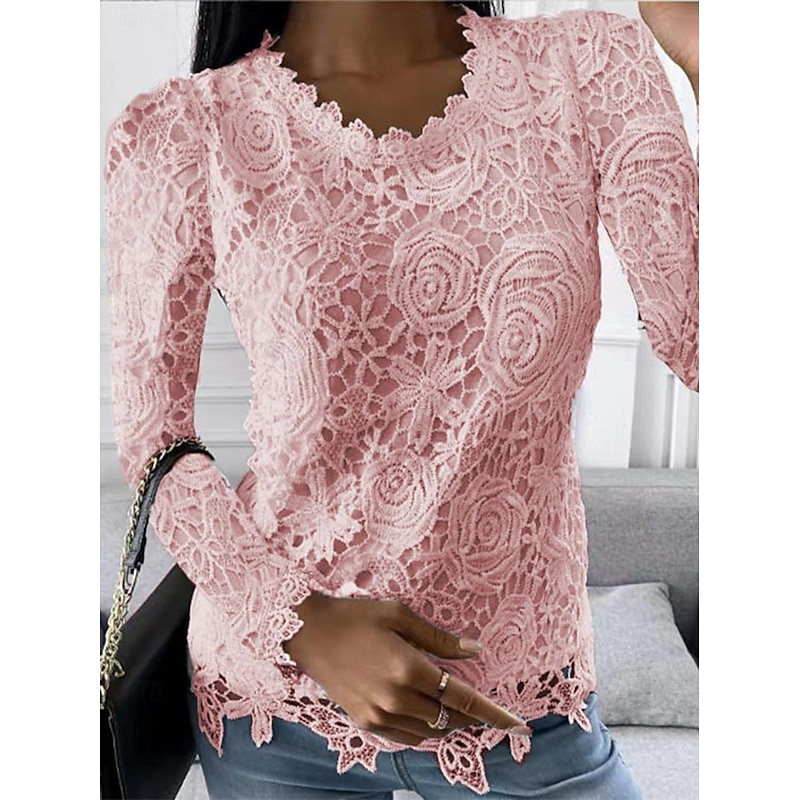Shirt Blouse Dressy Tops Women's White Pink Wine Plain Lace Street Daily Fashion Round Neck Regular Fit S