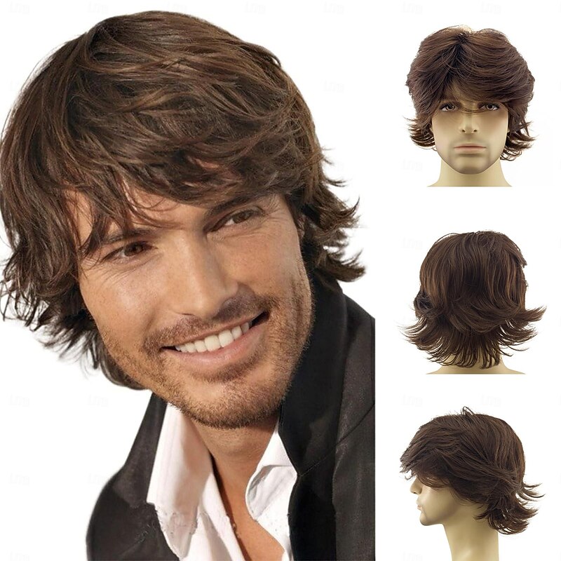 Short Brown Layered Wig for Men - Natural Fluffy Synthetic Hair, Heat Resistant, Perfect for Halloween Cosplay