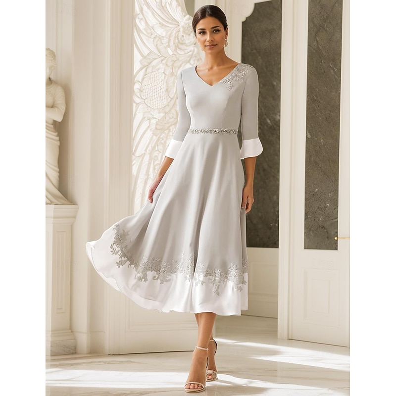 Beach Wedding A-Line Mother of the Bride Dress Wedding Guest Church Elegant V Neck Tea Length Stretch Fabric Half Sleeve with Appliques2