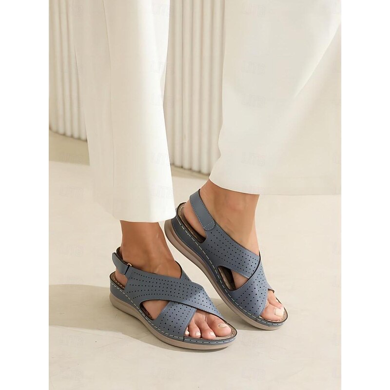 Women's Blue Perforated Slip-On Wedge Sandals - Comfortable and Stylish for Everyday Wear