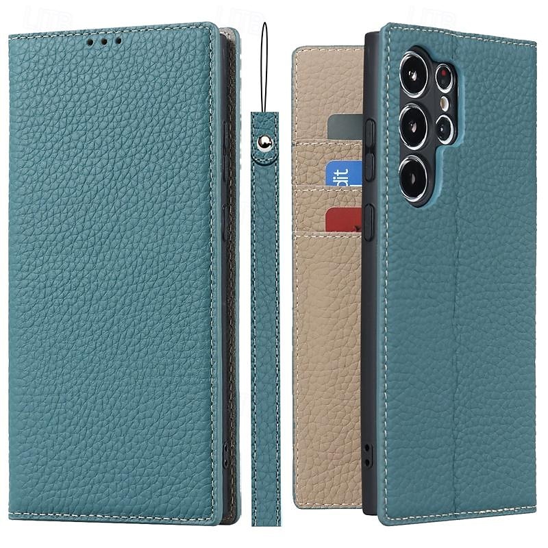 Phone Case For Samsung Galaxy S25 S24 S23 Ultra Plus S22 Plus  Ultra S20 S20 FE Wallet Case with Wrist Strap Kickstand Card Slot Retro Genuine Leather TPU3