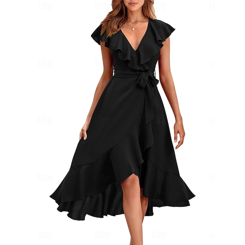 Women's Midi Dress Casual Dress Cocktail Dress Wedding Guest Dress Chiffon Dress Streetwear Basic Casual Vacation Street Holiday Regular Fit Short Sleeve V Neck Black Red Light Green Light Blue Summer2