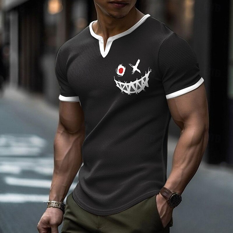 Men's Smile Face Waffle Shirt Short Sleeve T shirt 3D Print V Neck Shirt Daily Designer Street Daily Black Royal Blue Gray Summer Spring Clothing Apparel S M L XL XXL XXXL