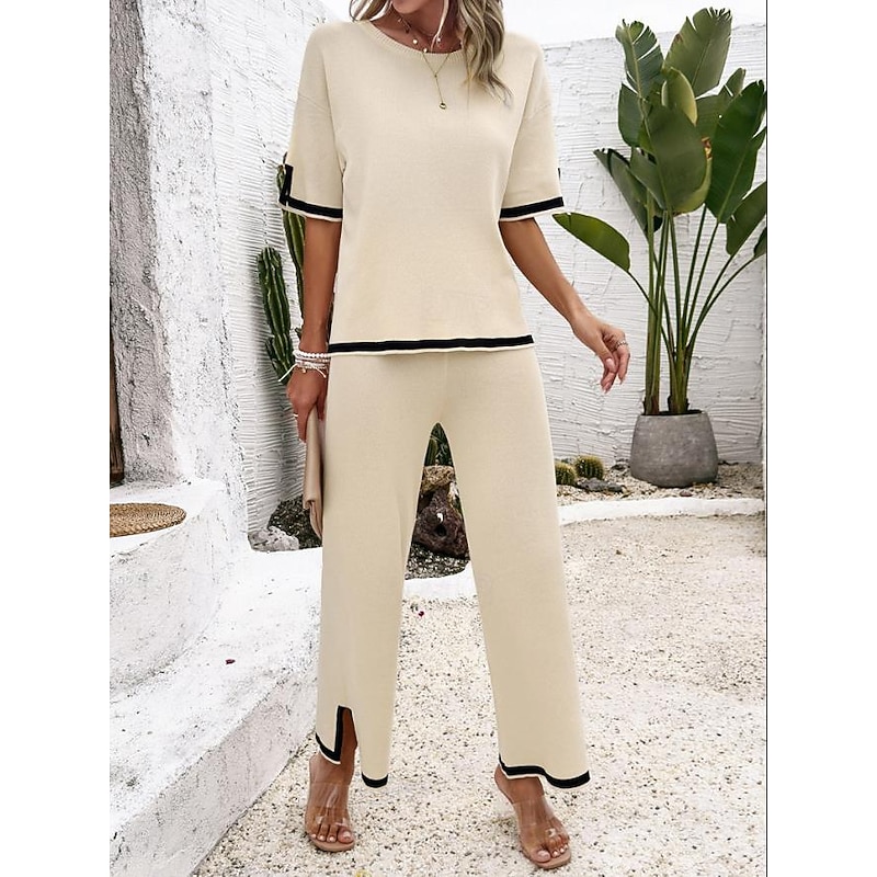 Women's EU / US Size2 Pieces SetsDaily T Shirt Wide Leg Pants Short Sleeve Crew Neck Plain Casual Daily Beige Summer Loose Fit2