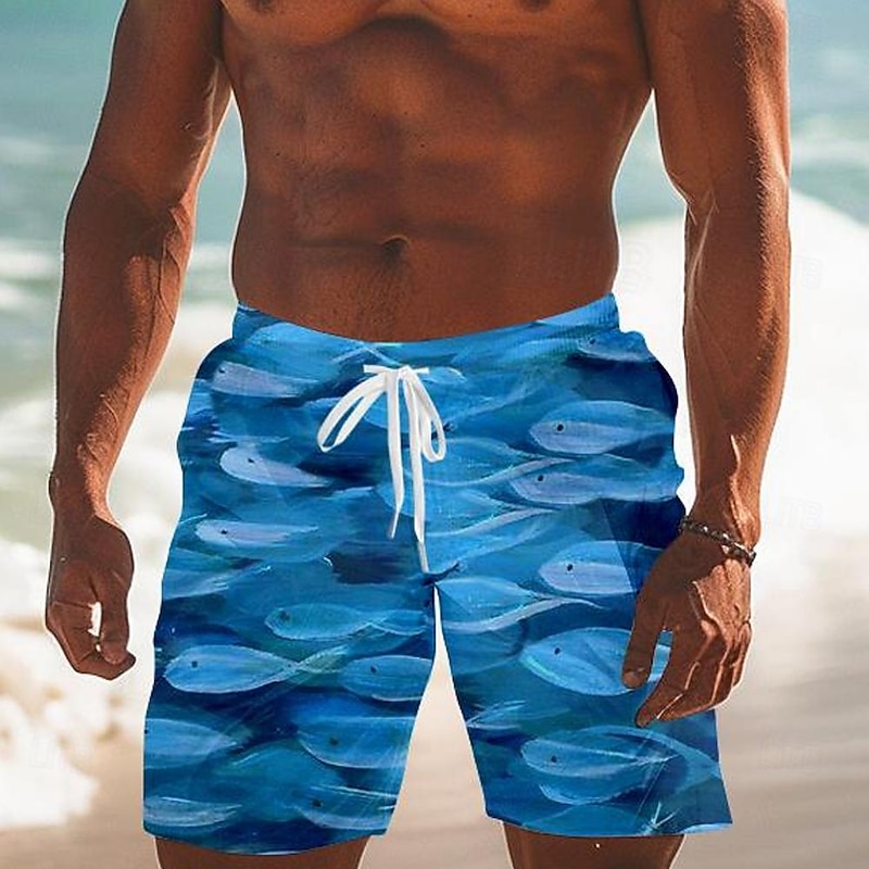 Men's Animal Optical Illusion Fish Swim Trunks Swim Shorts Board Shorts Mid Waist Fashion Streetwear Hawaiian Casual Daily Holiday Pocket Drawstring Elastic Waist Designer Clothing Apparel