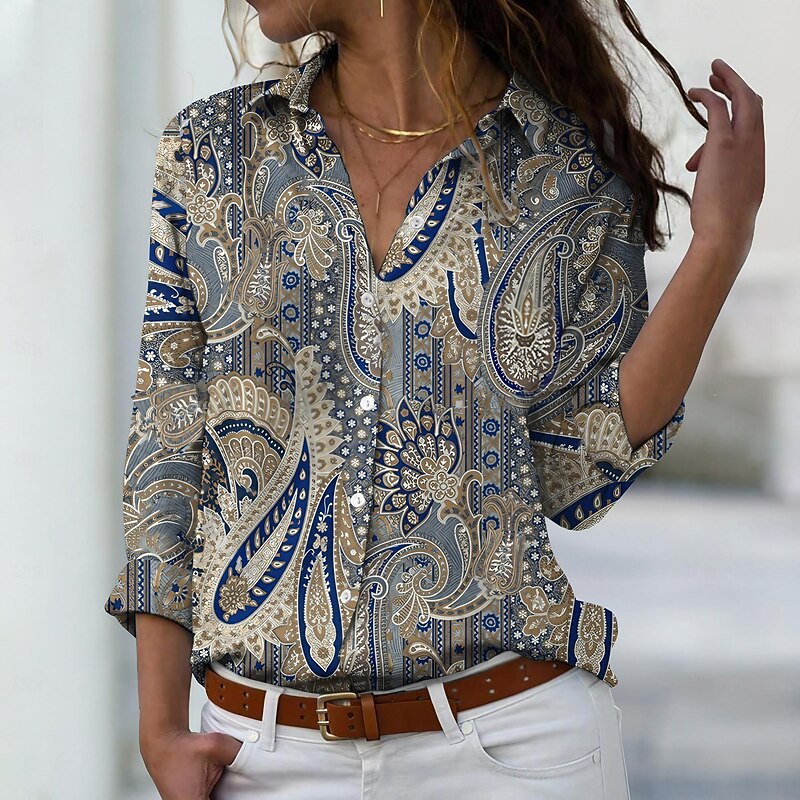 Women's Shirt Button Down Tunic Shirt Collar Long Sleeve Elegant Vintage Fashion Paisley s Print Regular Tops Casual Daily Holiday Blue Spring Fall2